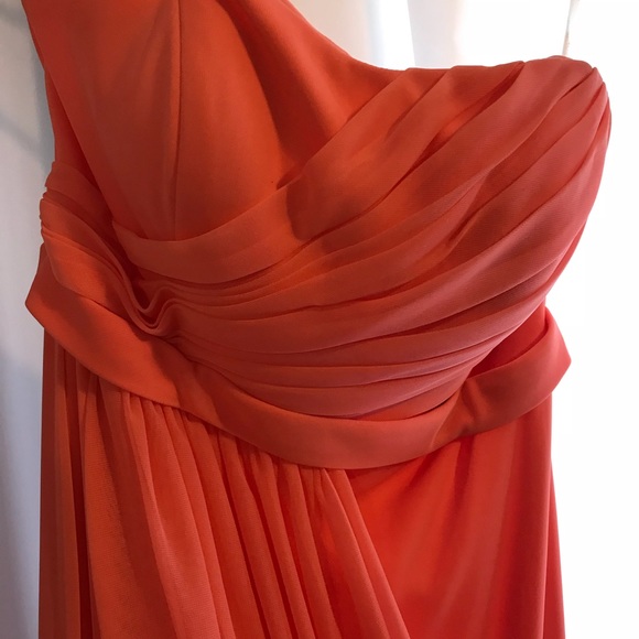 David’s Bridal Long Mesh Bridesmaid Dress (Coral) - Picture 5 of 6